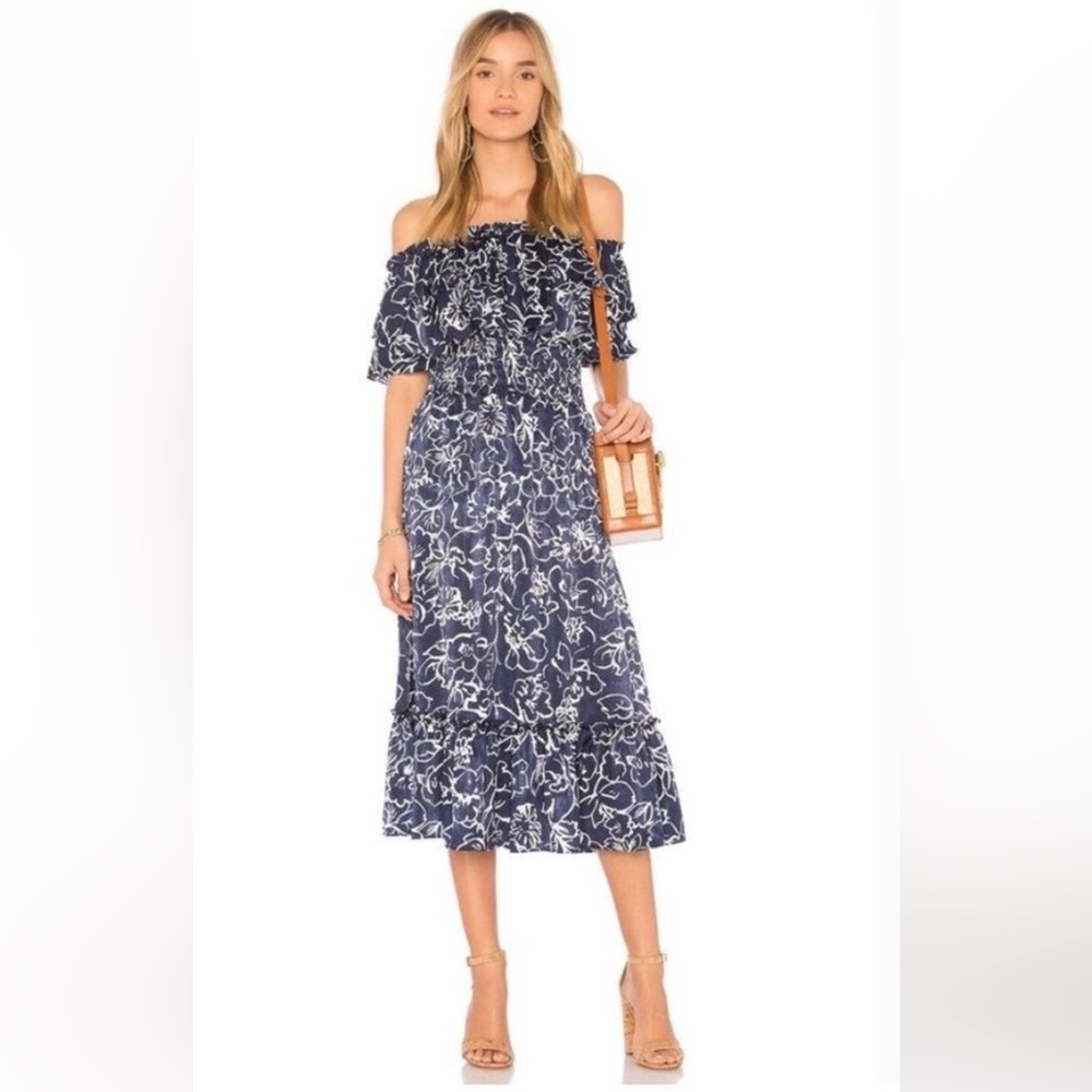Misa Los Angeles Farah multi midi dress off the shoulder navy white